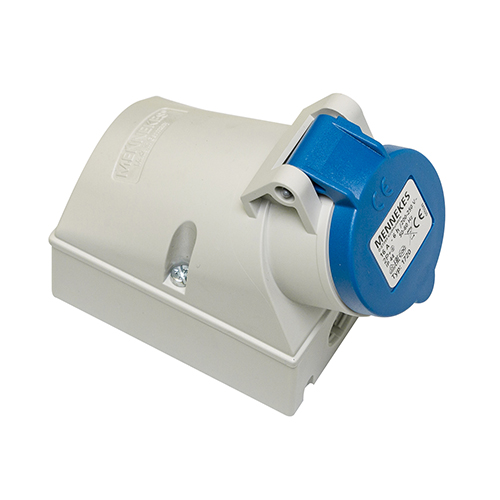 Prise saillie  coudée 90° 2P + T 16A IP44 52x52 avec clapet bleu